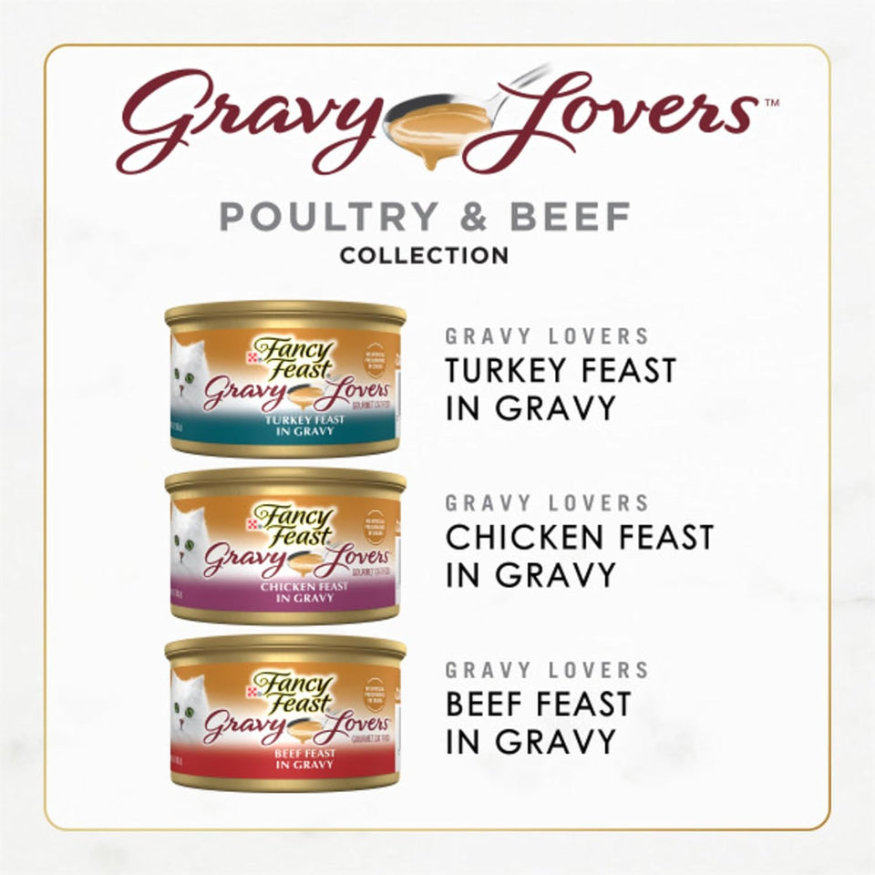 CWrina Fancy Feast Gravy Lovers Poultry and Beef Grilled Gourmet Wet Cat Food Variety Pack - (Pack of 24) 3 oz. Cans