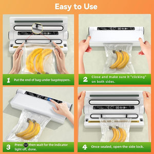 Food Vacuum Sealer Machine, 75KPA Strong Suction, Dry/Wet Modes, 20 Vacuum Seal Bags for Food, Digital Countdown Timer, Compact Lightweight, Ideal for Home Kitchen Use