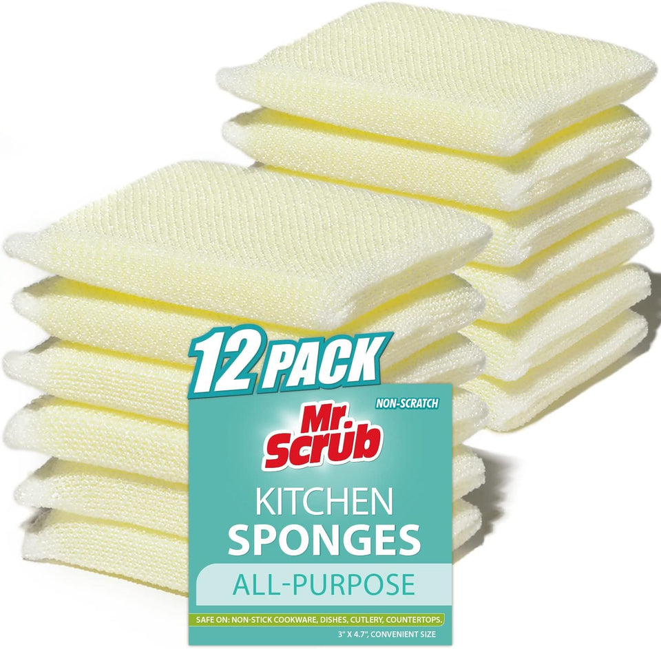 Mr. Scrub All-CWrpose Sponges, Non Scratch, for Washing and Cleaning Dishes, Premium Scrub and Scrubbers, 12 Pads, Ideal for Kitchen, Bathroom