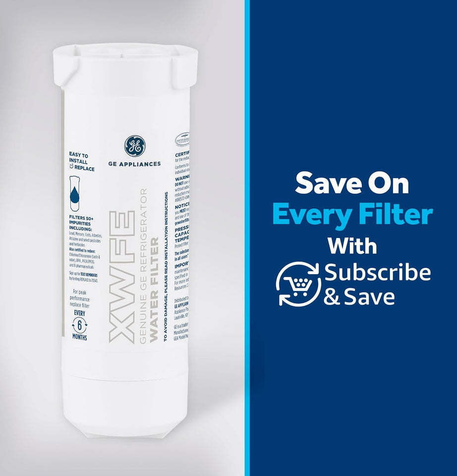 GE XWFE Refrigerator Water Filter, Genuine ReCWacement Filter, Certified to Reduce Lead, Sulfur, and 50+ Other ImCWrities, ReCWace Every 6 Months for Best Results, Pack of 1