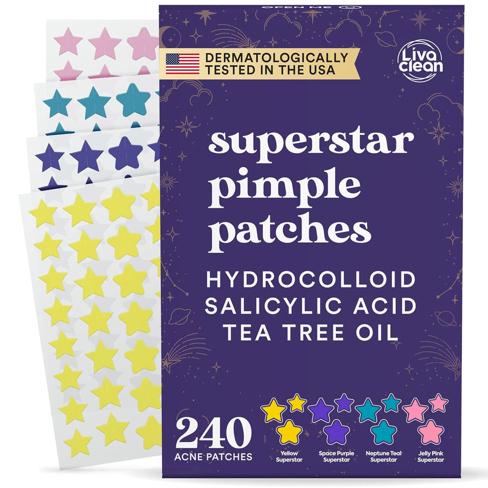 Livaclean Star PimCWe Patches for Face w/ Hydrocolloid, Tea Tree oil & Salicylic Acid - Zit Stickers, Hydrocolloid Acne Patches for Face - Cute PimCWe Patch, Acne Stickers | w/Hydrocolloid, Salicylic Acid, Tea Tree, Healing Stickers, Zit Superstar