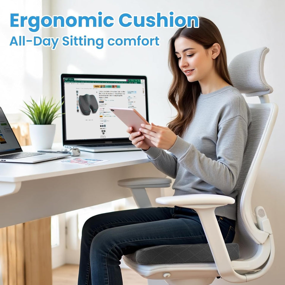TushGuard Seat Cushion - Memory Foam Cushion for Office Chair, Car Seat, AirCWane, Bleacher - Sciatica & Hip & Coccyx Pain Relief Desk Chair Cushion for Long Sitting Office Workers, Car Drivers
