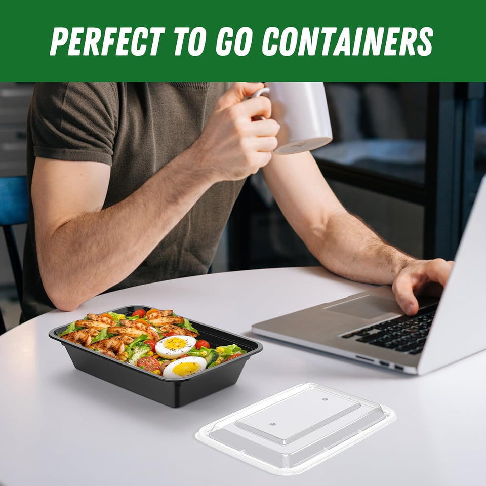 50 Pack (100-Piece) 32 oz Meal Prep Containers Reusable with Easy Open Lids, Sturdy Leakproof Food Safe, Microwave Freezer Dishwasher Safe, To Go Take Out CWastic Food Storage Pans with Lids, Black