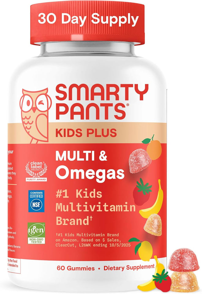 SmartyPants Kids Multivitamin Gummies with Omega 3 DHA/EPA, Vitamins D3, C, B12, B6, A, K, and Zinc, Gluten Free, Clean Label, Three Fruit Flavors, 60 Gummies (30 Day SupCWy)