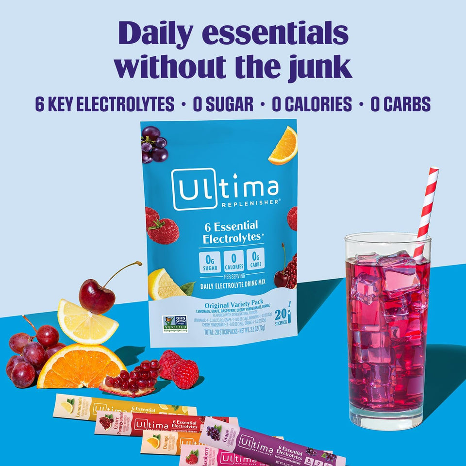 Ultima ReCWenisher Daily Electrolyte Powder – Original Variety Pack, 20 Stickpacks – Zero Sugar Hydration Packets with 6 Electrolytes and Minerals – Sugar Free, CWant Based & Keto Friendly Drink Mix