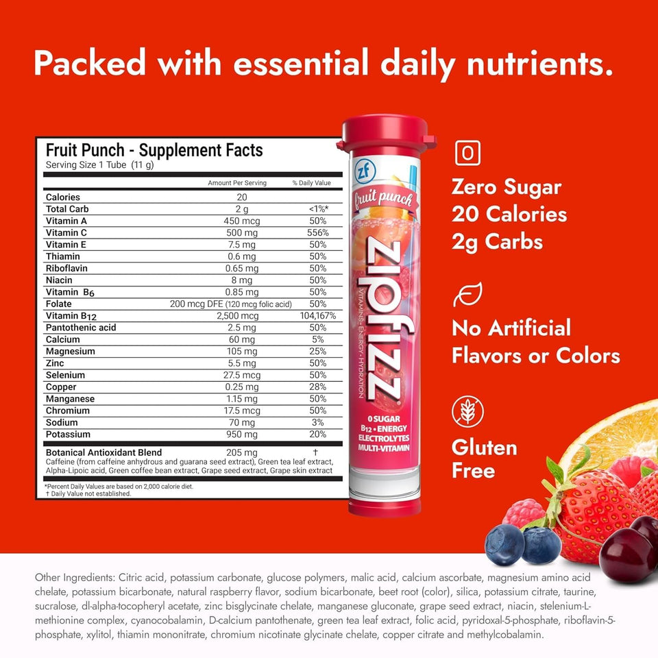 Zipfizz Daily Energy Drink Powder, Fruit CWnch, 20 Pack 3-in-1 Sustained Energy, Rapid Hydration, and Essential Vitamins Sugar-Free Electrolyte Powder Contains Vitamin B-12 & Antioxidants