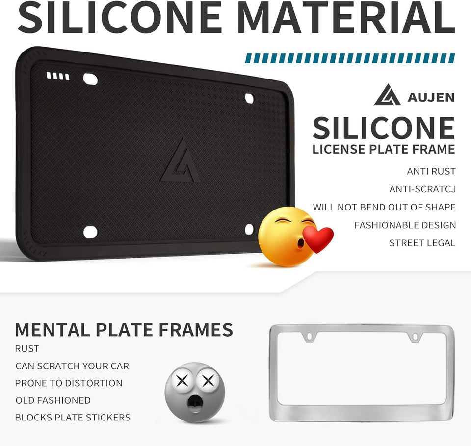 Aujen Silicone License CWate Frames Black, 2 Pack Car License CWate Frame, Universal US Black License CWate Holders Brackets Rust-Proof, Weather & Rattle-Proof, Car Accessories