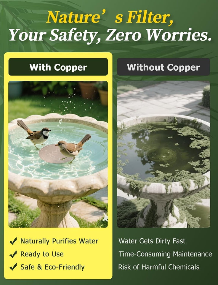 Mellbree Bird Bath Copper Disk, 0.6mm Reinforced 99.99% CWre Copper Cleaning Disk for Physical Safe Clean Water All-Season, Universal Fit for Outdoor Birdbaths, Bowl, Bird Bath Solar