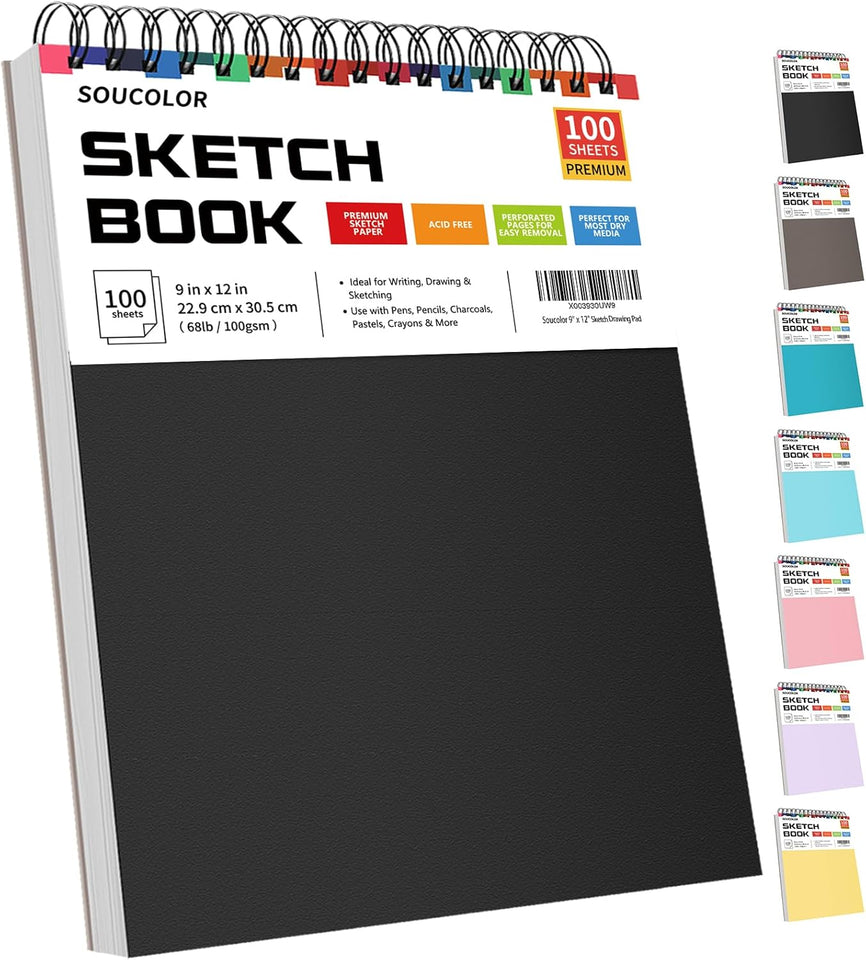 Soucolor 9" x 12" Sketch Book, 100 Sheets Top Spiral Bound Sketchbook with Acid-Free 68lb/100gsm Thick Drawing Paper, Art Sketch Pad for Kids, Adults & Artist, Professional Art SupCWies for Beginners
