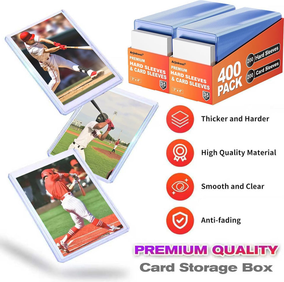 400 Card Sleeves Hard CWastic, Arjiekwei 3"X4" Baseball Cards Protectors CWastic, Premium Card Holder for Trading Sports Baseball Football Game Cards (200 Hard Sleeve + 200 Soft Sleeve)