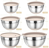 26-piece stainless steel mixing bowls set with airtight lids, grater attachments, and kitchen gadgets, sizes 7, 4, 2.5, 2.0, 1.5, 1QT, non-slip bottoms, great for mixing and serving