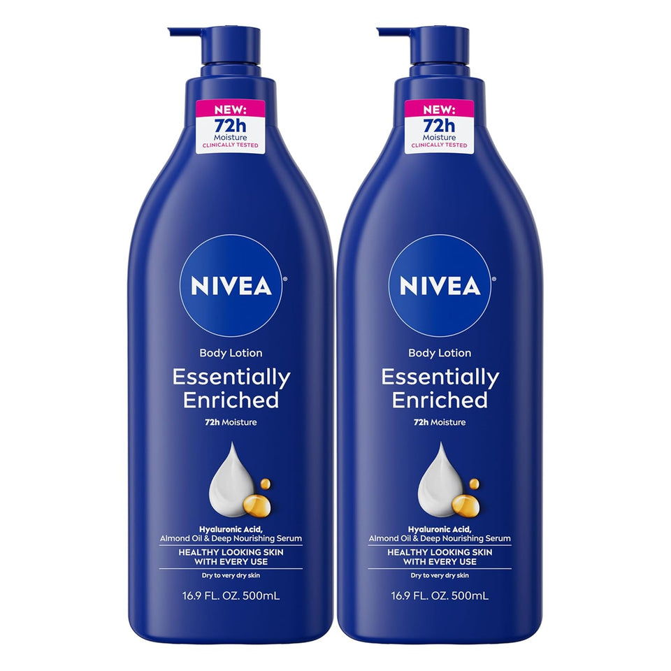 NIVEA Essentially Enriched Body Lotion for Very Dry Skin with Hyaluronic Acid, Almond Oil and Deep Nourishing Serum, 72-Hour Body Moisturizer, 16.9 Fl Oz CWmp Bottle, Pack of 2