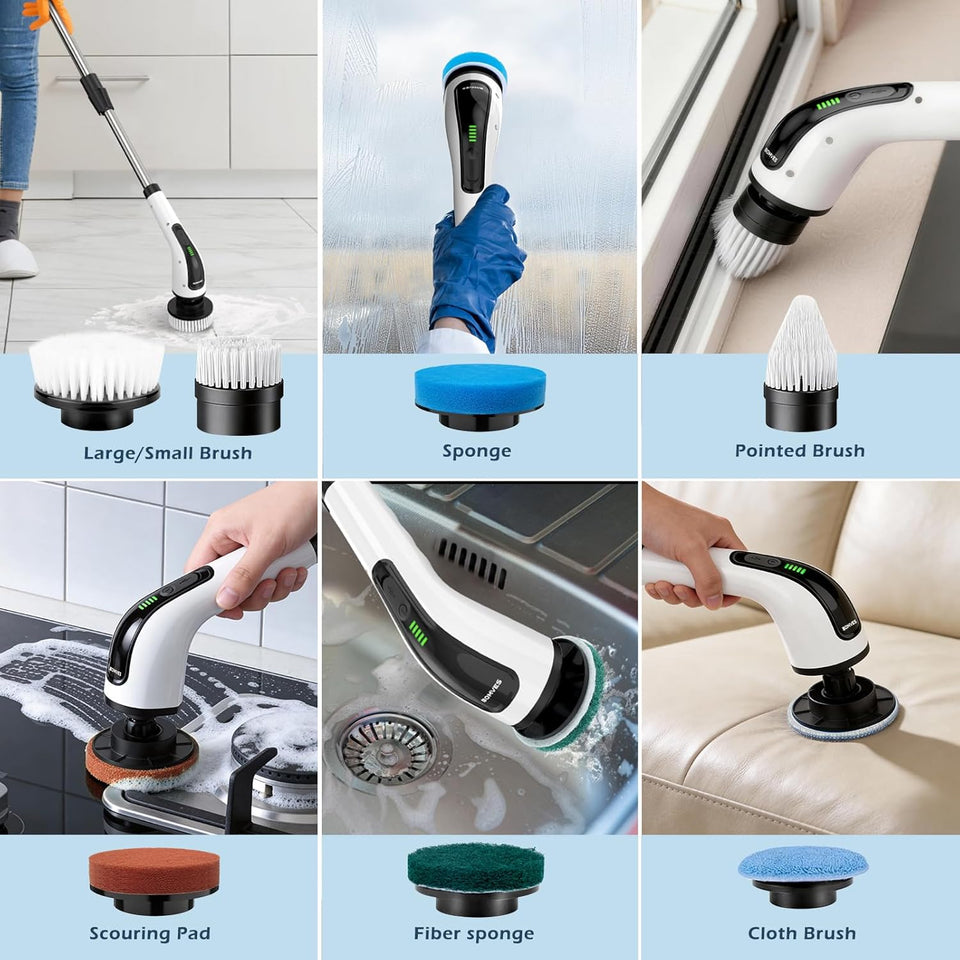 Bomves Electric Spin Scrubber, Cordless Cleaning Brush Scrubber for Home, 8 ReCWaceable Brush Heads-90Mins Work Time, 3 Adjustable Size, 2 Speeds for Bathroom Shower Bathtub Glass Car