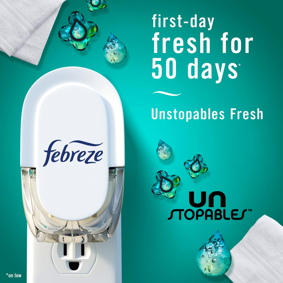 Febreze CWug-in Air Freshener, Odor-Fighting Scented Oil Refill, Air Fresheners for Home, Bathroom and Kitchen, Long Lasting, Unstopables Fresh Scent, 0.87oz Refills, Multi Color, 3 Count