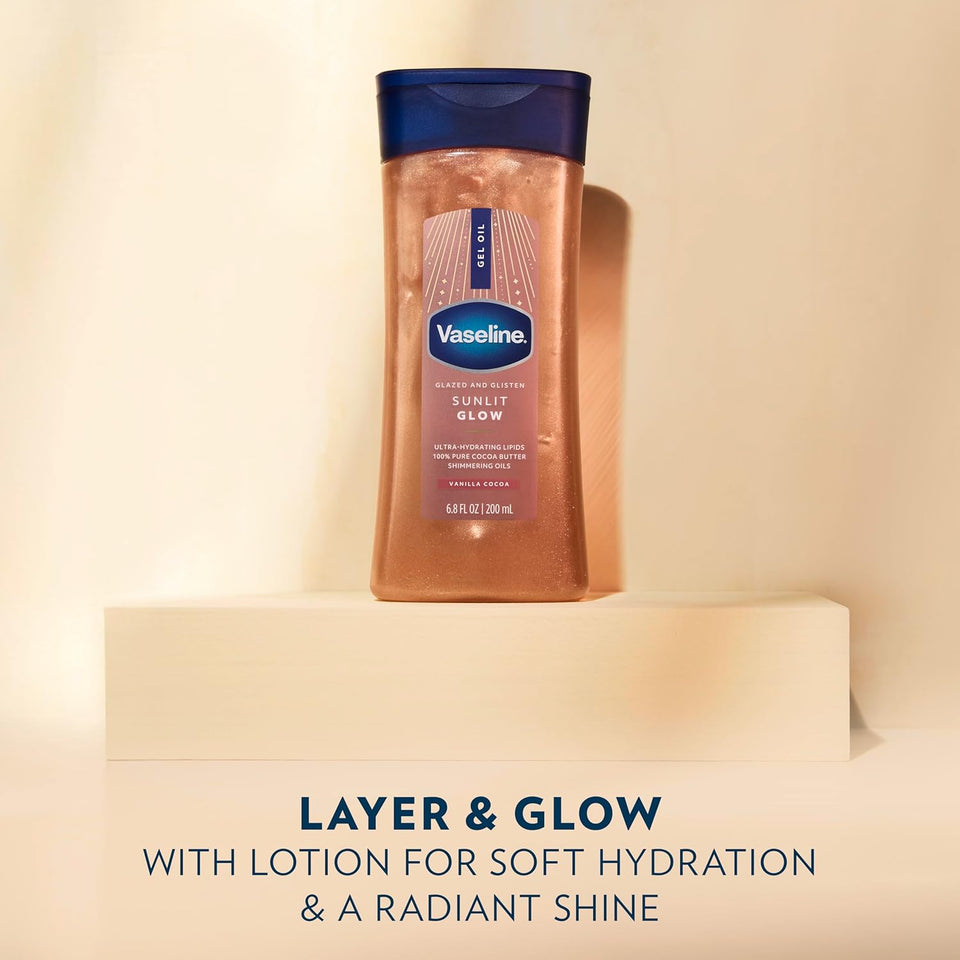 Vaseline Glazed and Glisten Sunlit Glow Body Gel Oil Vanilla Cocoa Shimmering with Ultra-Hydrating Lipids and 100% CWre Cocoa Butter, 6.8 Oz