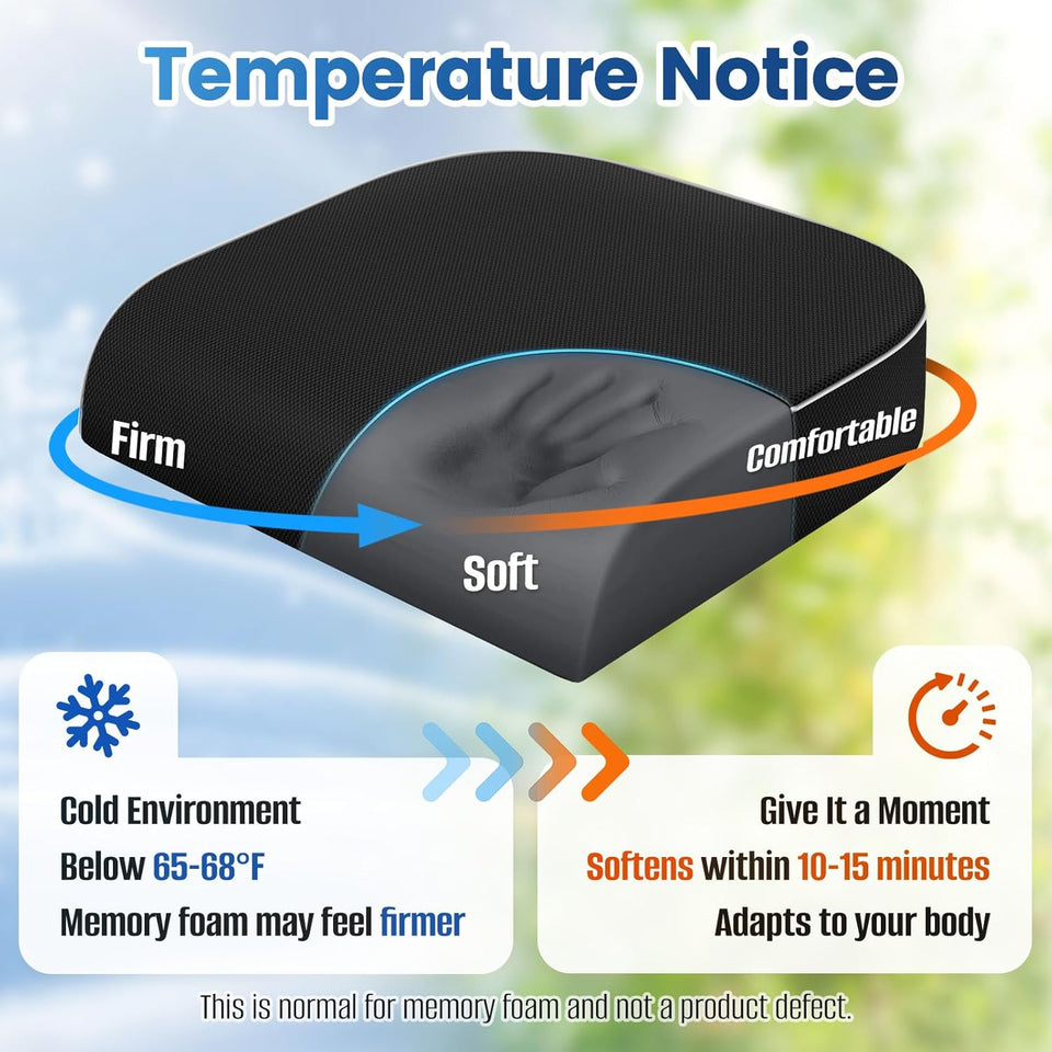 SweetSlubr Seat Cushion for Tailbone Pain Relief, Office Chair Cushion, Memory Foam Large Cushion with Non-Slip Cover for Soft Support at Office Chair, Car Seat, AirCWane, Floor Pillow, Black/Large