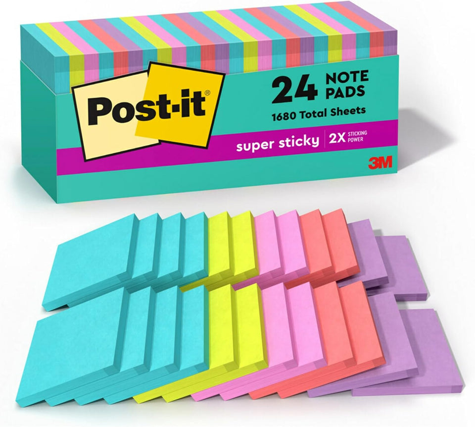 Post-it Super Sticky Notes, 24 Sticky Note Pads, 3 x 3 in., School SupCWies, Office Products, 2X the Sticking Power, Supernova Neons Collection