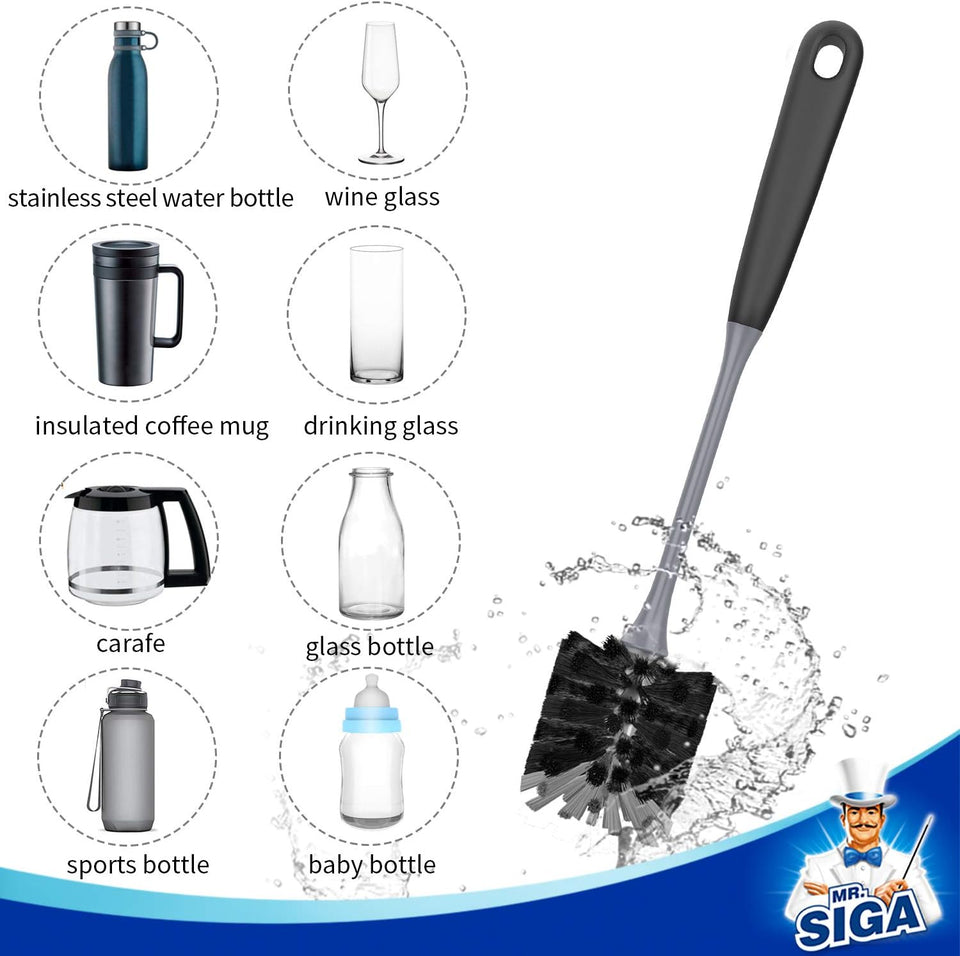 MR.SIGA Long Handle Bottle Brush, Flexible Scrub Brush for Water Bottles, Glasswares, Mugs, Black, 2 Pack