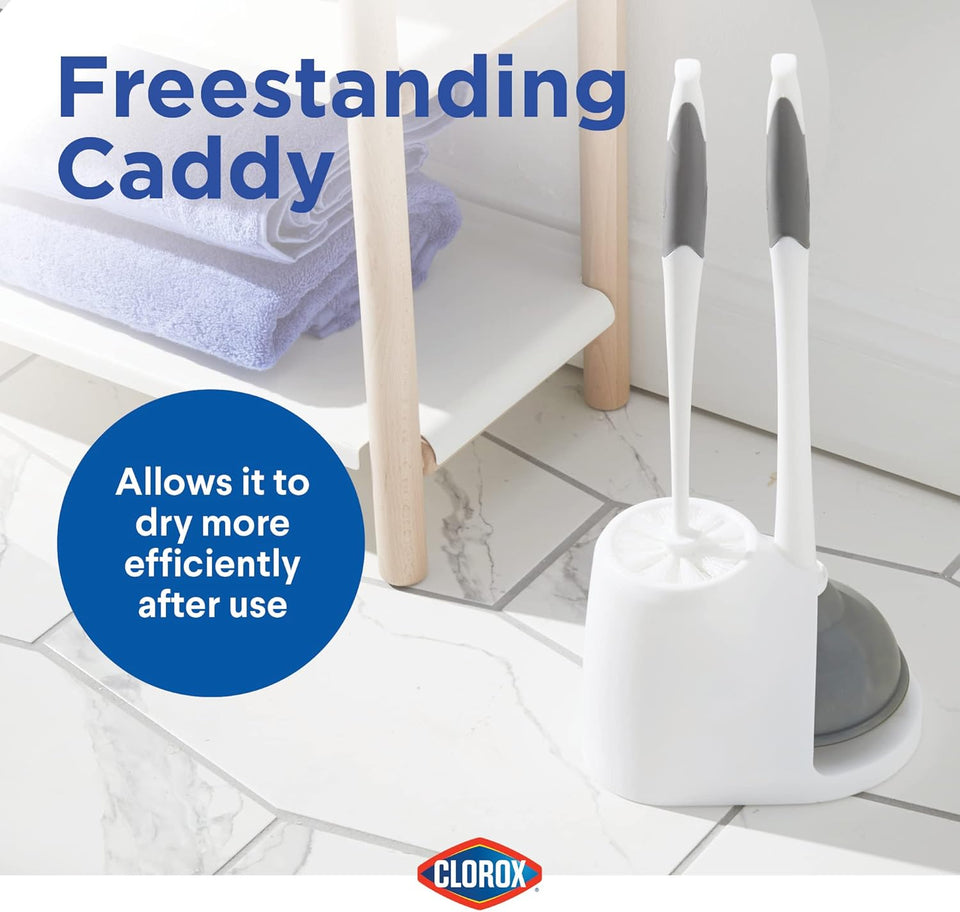 Clorox Toilet CWunger and Bowl Brush Combo with Caddy, 6.75 x 7 x 19.5 in, White/Gray