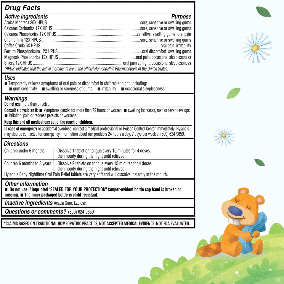 Hyland's Baby Nighttime Soothing Tablets with Chamomilla, Natural Relief of Oral Discomfort, Irritability, and Swelling, Up to 62 Doses (Pack of 1, 125 Count Total)