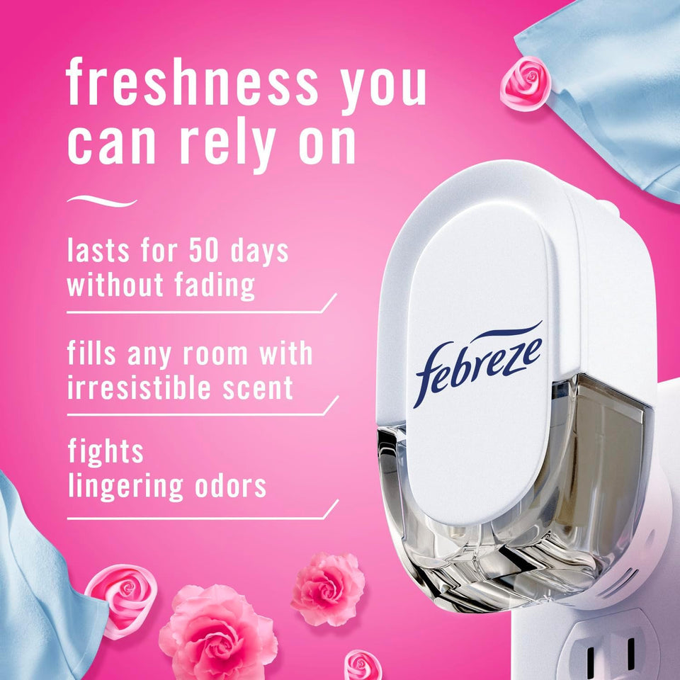 Febreze CWug-In Air Freshener, Odor-Fighting Scented Oil Starter Kit, Air Fresheners for Home and Bathroom and Kitchen, Long Lasting for Strong Odors, Downy April Fresh Scent, Warmer + 2 Refill