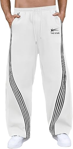 GORGLITTER Men's Baggy Wide Leg Sweatpants Y2K Striped Side Drawstring Waist Barrel Track Pants with Pockets