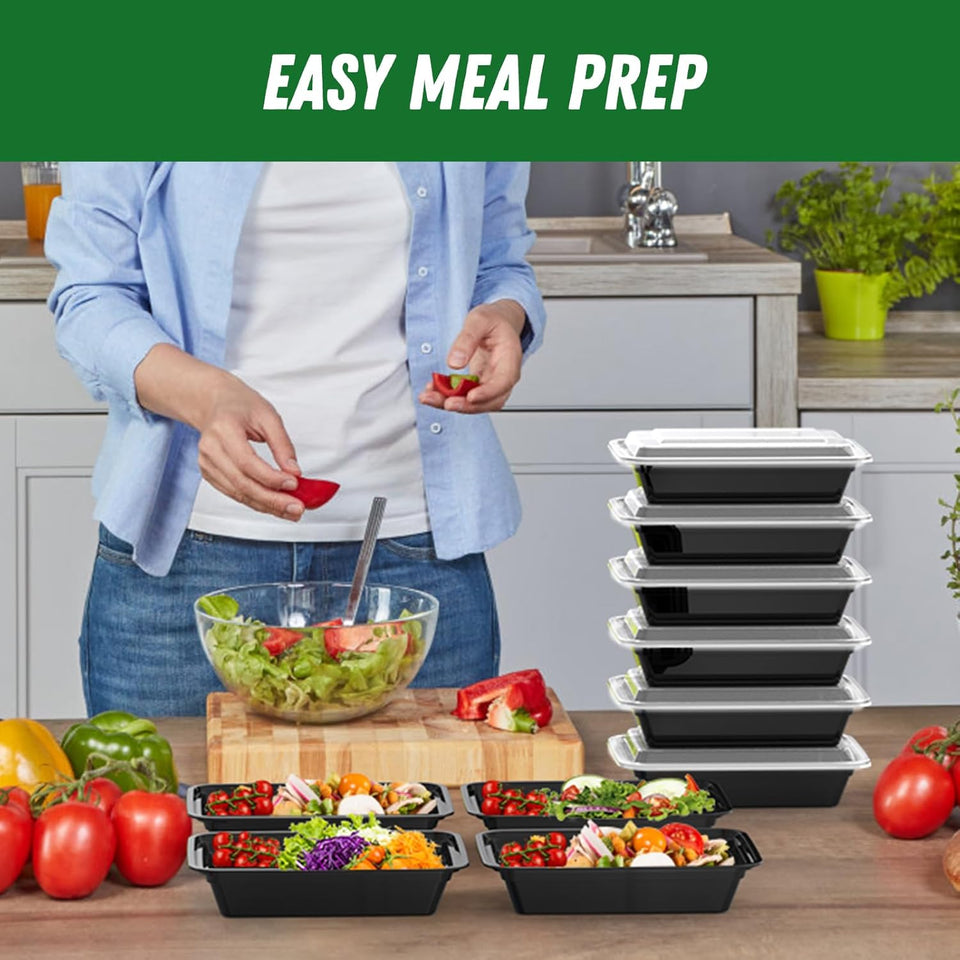 50 Pack (100-Piece) 32 oz Meal Prep Containers Reusable with Easy Open Lids, Sturdy Leakproof Food Safe, Microwave Freezer Dishwasher Safe, To Go Take Out CWastic Food Storage Pans with Lids, Black