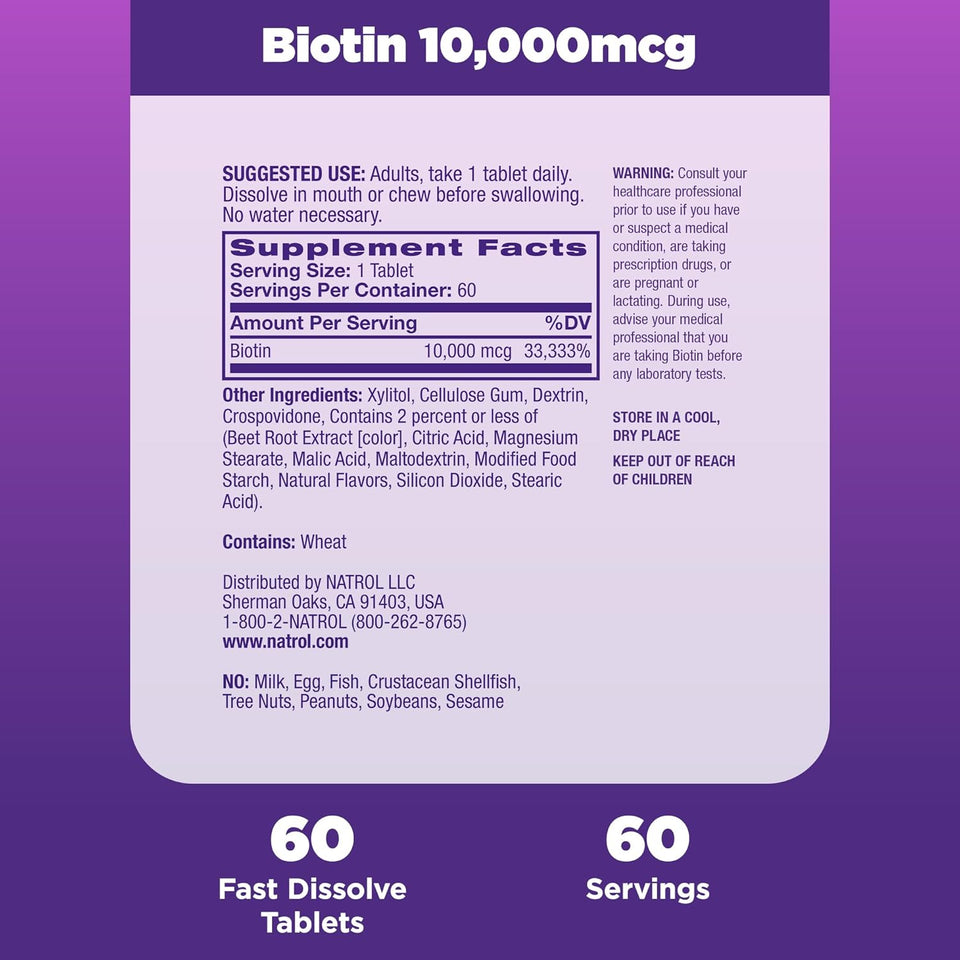 Natrol Biotin 10000mcg, 4X Faster Dissolve Supplement for Healthy Hair, Skin and Nails for Those Low in Biotin, Plus Energy Metabolism Support, 60 Tablets, Up to a 60 Day Supply