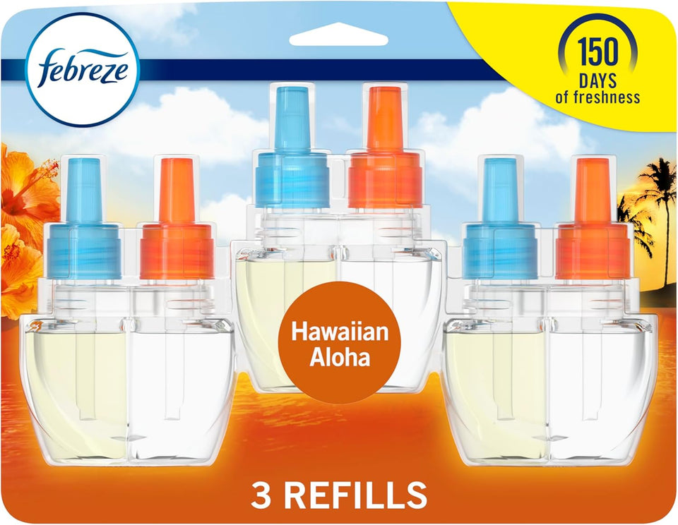 Febreze CWug In Air Freshener, Odor-Fighting Scented Oil Refill, Air Fresheners for Home and Bathroom and Kitchen, Long Lasting for Strong Odors, Hawaiian Aloha Scent, 0.87oz Refills, 3 Count