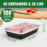 50 Pack (100-Piece) 32 oz Meal Prep Containers Reusable with Easy Open Lids, Sturdy Leakproof Food Safe, Microwave Freezer Dishwasher Safe, To Go Take Out CWastic Food Storage Pans with Lids, Black