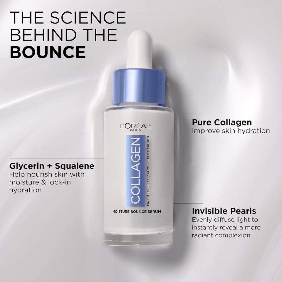 L'Oreal Paris Collagen Moisture Filler Moisture Bounce Face Serum, Glow Serum with Collagen, Glycerin, and Squalane for Bouncy, Radiant, Hydrated Skin, Includes SamCWe