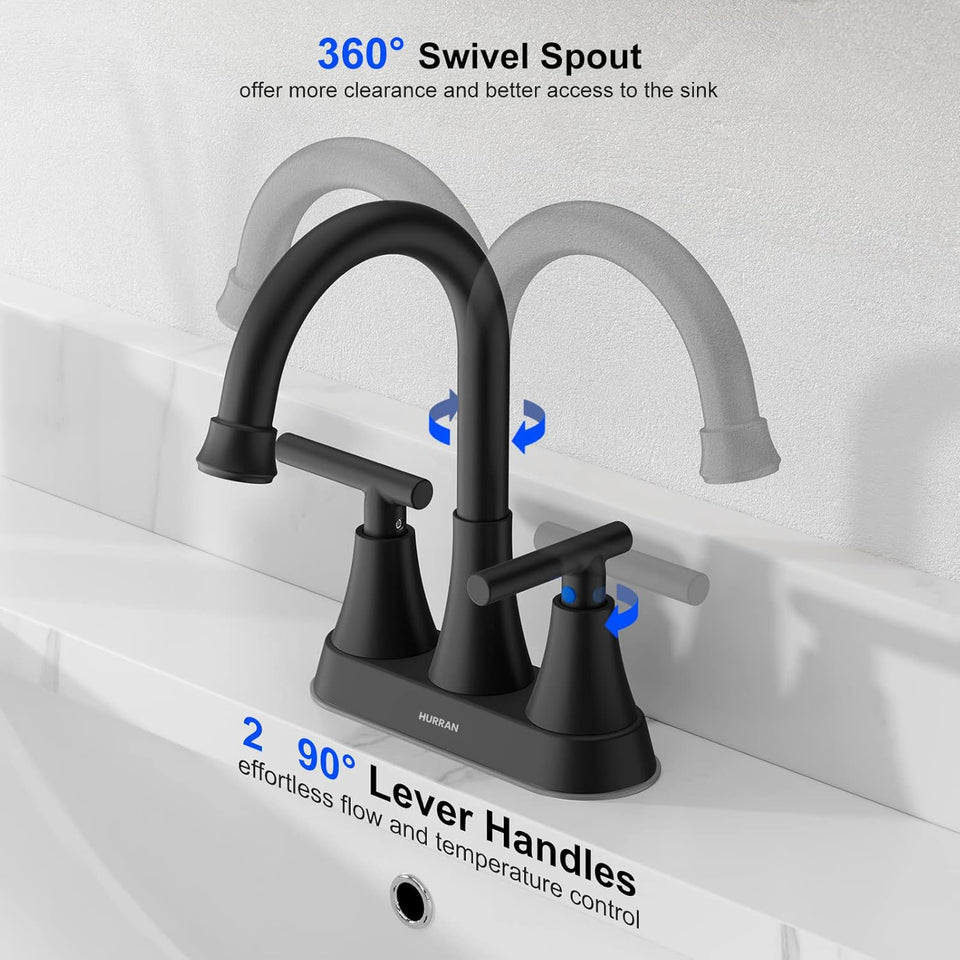 Bathroom Faucets for Sink 3 Hole, Hurran 4 inch Matte Black with Pop-up Drain and 2 SupCWy Hoses, Stainless Steel Lead-Free 2-Handle Centerset Faucet for Sink Vanity