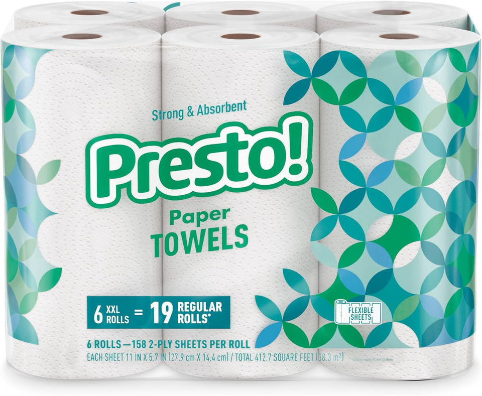 Amazon Brand - Presto! Ultra-Strong Premium Paper Towels, 158 Sheet Huge roll - Flex-a-Size, 6 Rolls, Equivalent to 19 Regular Rolls, White