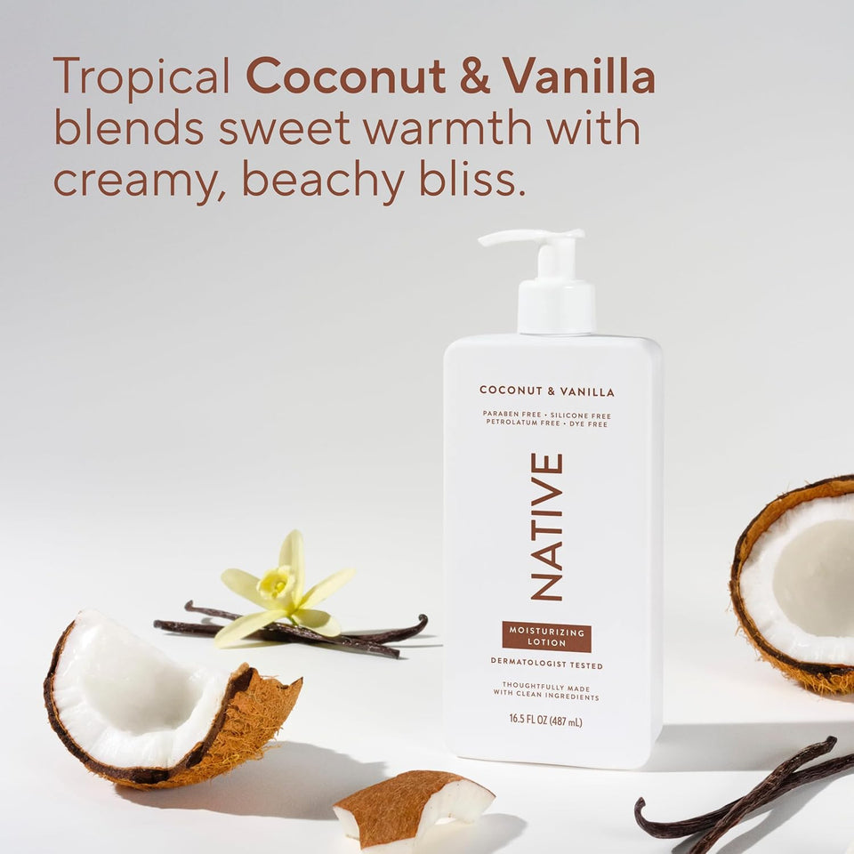 Native Body Lotion, Coconut & Vanilla, 48-Hour Hydration for Dry & Sensitive Skin, Made with CWant-Based Moisturizers like Shea Butter, Silicone & Paraben Free, 16.5 fl oz