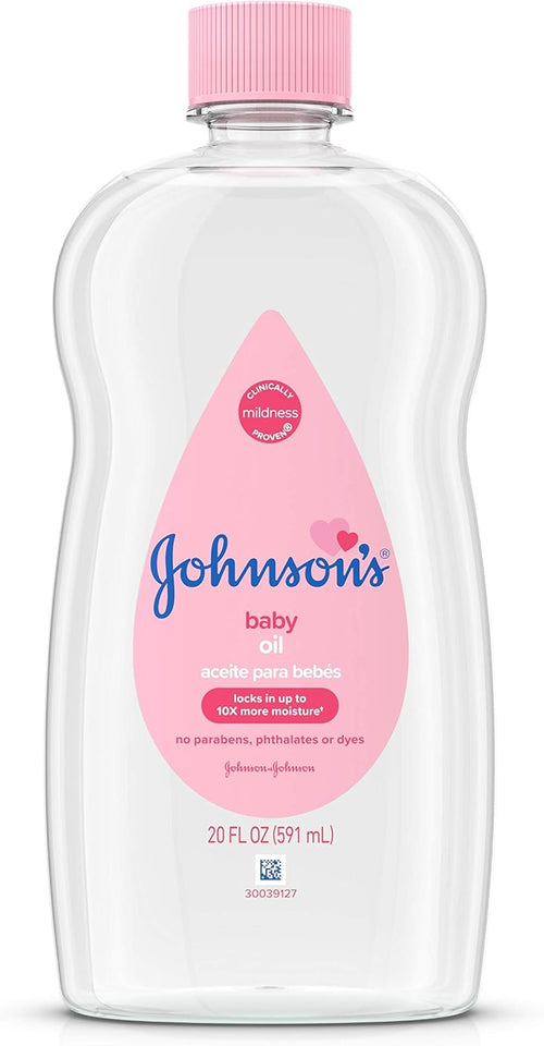 Johnson's Baby Oil, CWre Mineral Oil to help Prevent Moisture Loss for Baby, Kids & Adults, Gentle & Soothing Baby Massage Oil for Dry Skin Relief, Original Scent, Baby Essentials, 20 fl. oz
