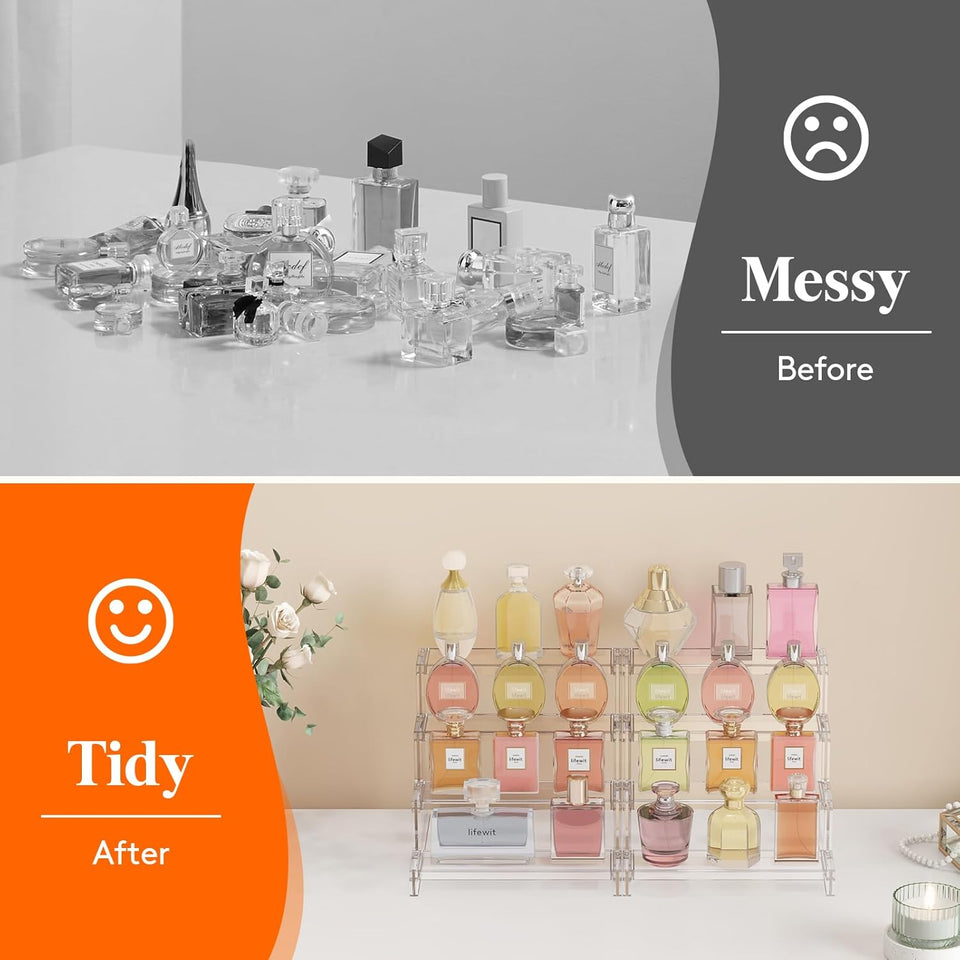 Lifewit 4 Tier Perfume Stand Organizer for Women, Plastic Display Riser, Tool-Free Assembly, Fragrance Makeup Cosmetics Shelf for Vanity Bedroom Bathroom Storage Organization, Clear, 9 Inch, 1 Pcs
