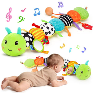 Topsochir Baby Sensory Toys 0-6 Months Music Animal Stuffed Plush Caterpillar Toy for Infant 0-3-6-12 Month Old Tummy Time with Mirror Crinkle Rattle Toys for Newborn Boys Girls Shower Birthday Gifts
