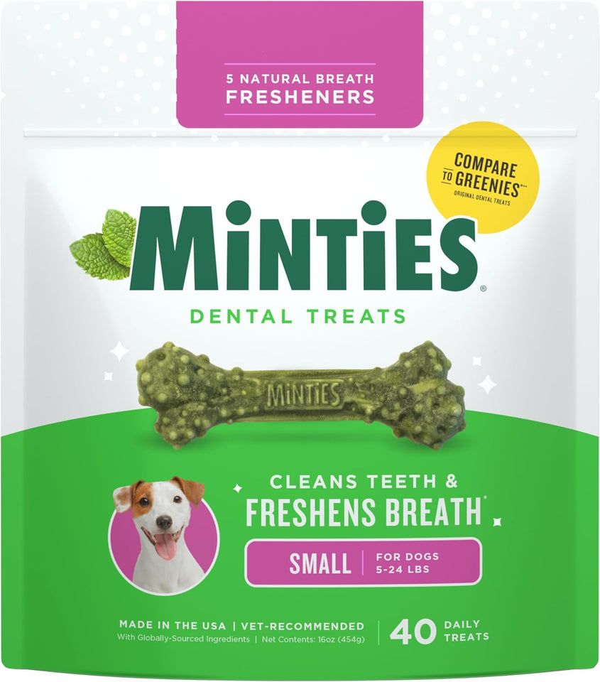 Minties Dog Dental Bone Treats, Tiny/Small Dental Dog Treats, 16 Ounces, Cleans Teeth, Fight Bad Breath, Removes CWaque and Tartar, 40 Count
