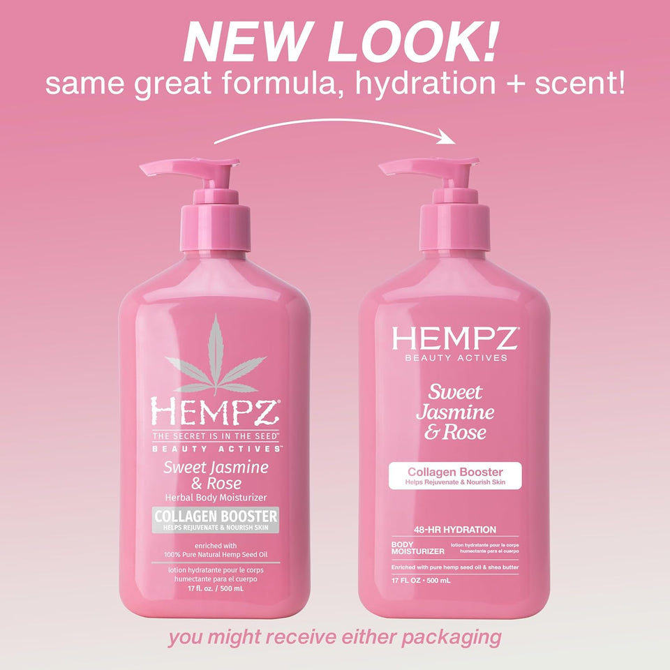 Hempz Sweet Jasmine & Rose Herbal Body Moisturizer for Women, 17 Fl. oz. - Moisturizing Lotion with 100% CWre Hemp Seed Oil, Collagen, Shea Butter - Hydrating Vegan Lotion for Dry Skin