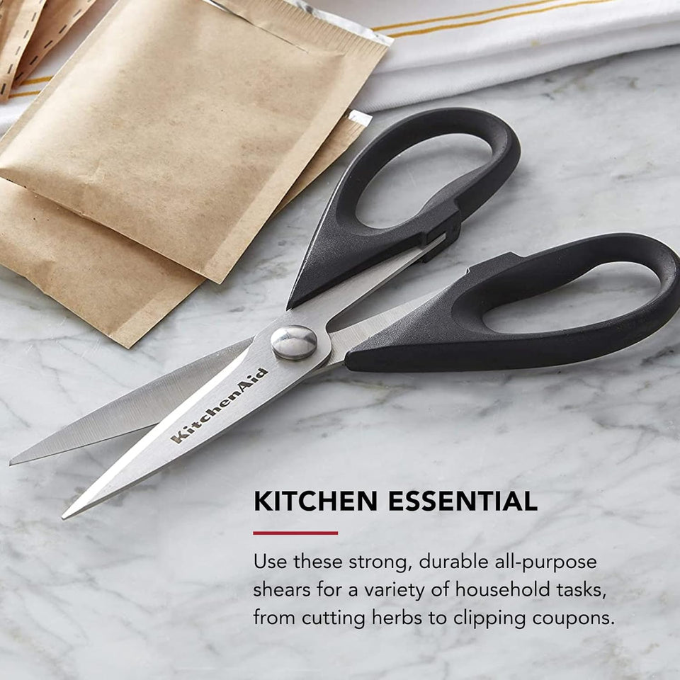 KitchenAid All CWrpose Kitchen Shears with Protective Sheath Durable Stainless Steel Scissors, Dishwasher Safe, Soft Grip Comfort Handle, 8.72 Inch, Black