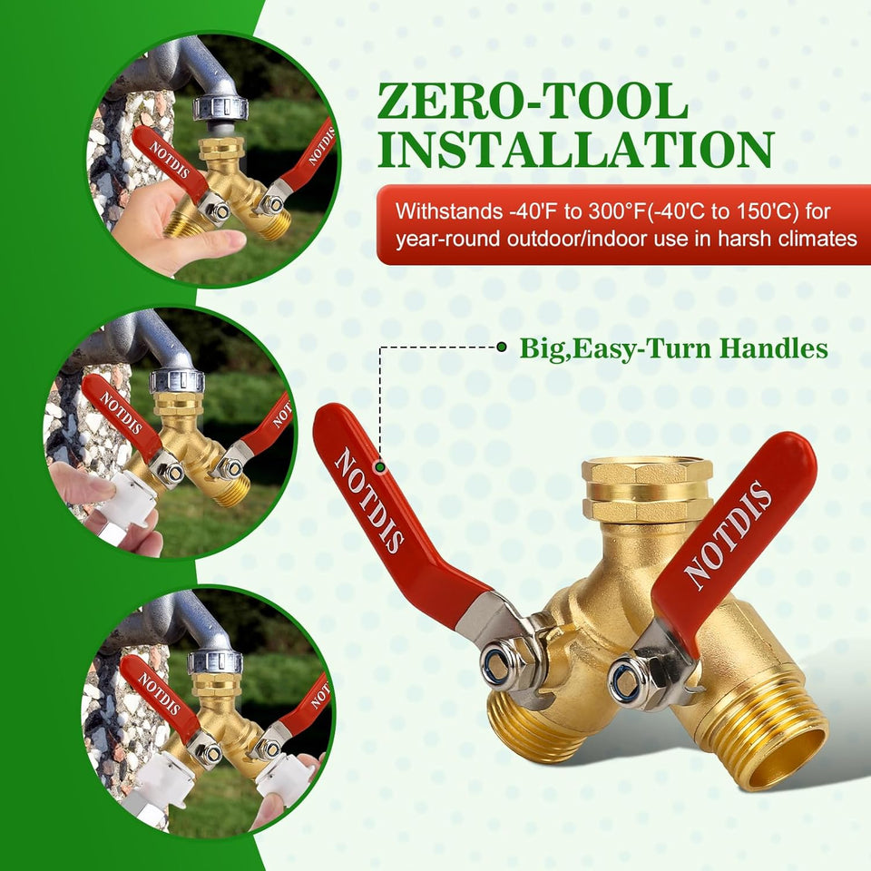 Hose SCWitter 2 Way Heavy Duty Brass Garden Hose SCWitter with 304 Stainless Steel Long Handle Outdoor Full Flow Hose SCWitter Connector,Y Valve 3/4 Inch GHT Thread