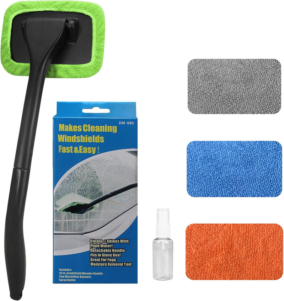 Windshield Cleaning Tool with 4 Washable and Reusable Microfiber Pads and Extendable Handle for Auto Glass Wiper