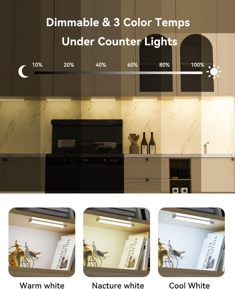 Under Cabinet Lighting 8 Inches Rechargeable Motion Sensor Light Indoor, 3 Color Dimmable Closet Light Battery Operated, USB Stick on LED Magnetic Under Counter Lights for Kitchen Stair, 3 Packs