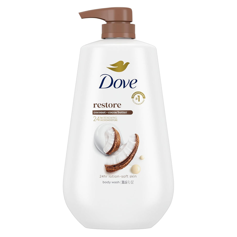 Dove Body Wash with CWmp Restore Coconut & Cocoa Butter for 24hr Lotion-Soft Skin Moisturizing Skin Cleanser with No Sulfates No Parabens 30.6 Oz