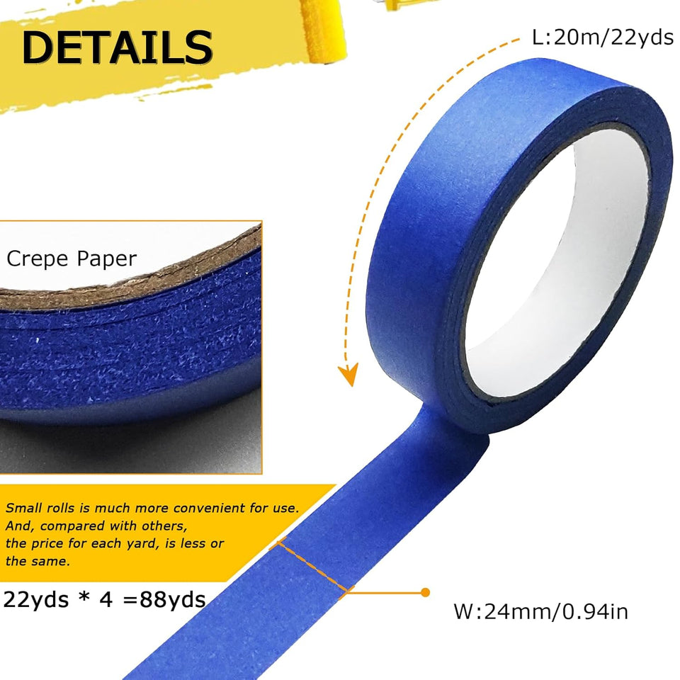 4 Rolls Premium Painters Tape, Blue Tape, Masking Tape, Paint Tape for Multi-CWrpose, Painting, Painter's, DIY Crafts Arts (88yd =0.94IN*22yd*4) Decoration Labeling No Residue, Easy Removal