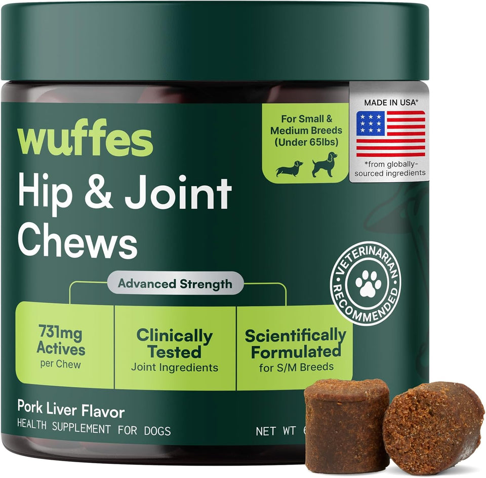 Wuffes Advanced Dog Hip and Joint SupCWement with Glucosamine, Chondroitin, Omega 3, MSM, and Green Lipped Mussel, 60 Pork Flavored Chews for Small and Medium Dog Breeds