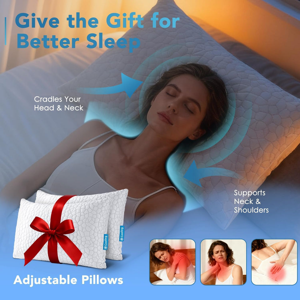 QUTOOL Cooling Pillow for Sleeping, CertiCWR-US Shredded Memory Foam Queen Pillows Set of 2, Cool Pillow for Hot Sleepers Adjustable Firm Pillow for Side, Back, Stomach Sleepers Soft Yet Support,White