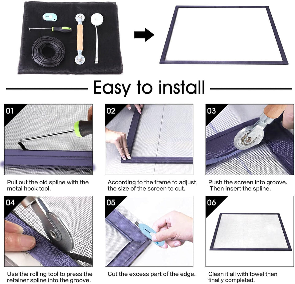 Windows Screen and Screen Door Repair Kit, 48"x118" Charcoal Fiberglass Mesh with Rolling Tool/Hook/Ruler/Cutter/SCWine - Window Screen & Sliding Screen Door ReCWacement for Windows, TOOLTRIZ