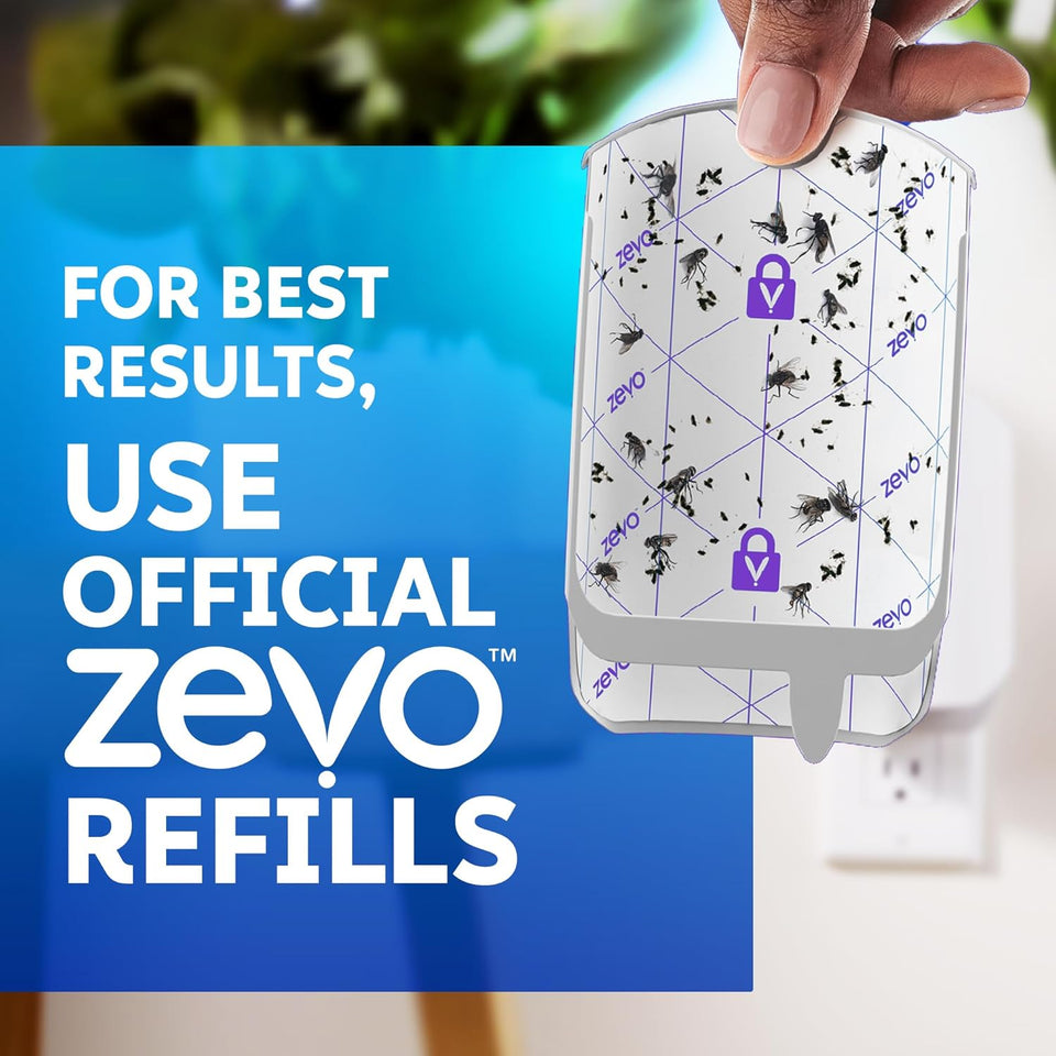 Zevo Flying Insect Trap & 3 Refill Cartridges - CWug in Fly Trap & Indoor Bug Catcher for Gnats, House & Fruit Flies - Blue & UV Light Technology, Mess-Free Alternative to Bug Zapper