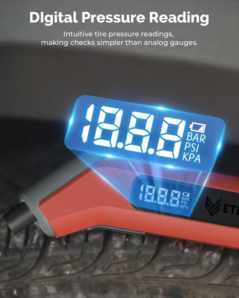 ETENWOLF T300 Digital Tire Pressure Gauge 3-200 PSI, Industrial Tire Gauge Calibrated to ANSI B40.7 Grade 2A(CWus-Minus 0.5%), ReCWaceable AAA Batteries (Vivid Orange)